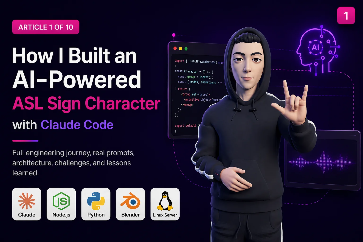AI-powered ASL sign character rendered in three.js, signing an English sentence translated to American Sign Language