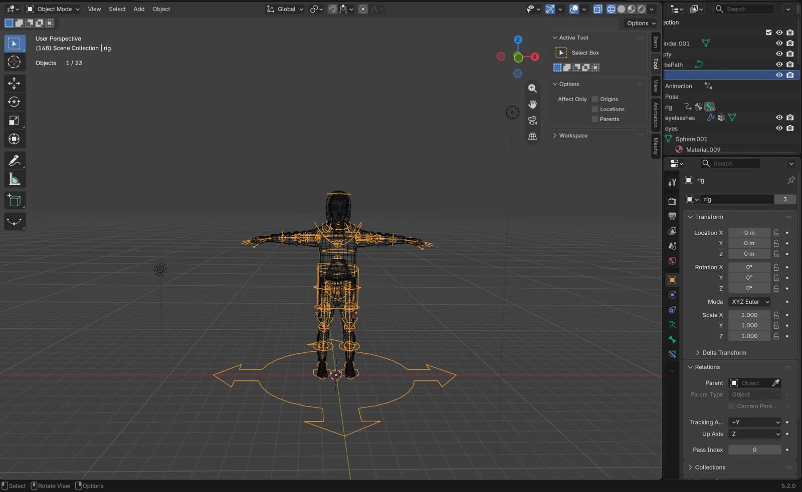 The ASL sign character in Blender, armature visible in pose mode, with all three-phalanx finger chains showing across both hands
