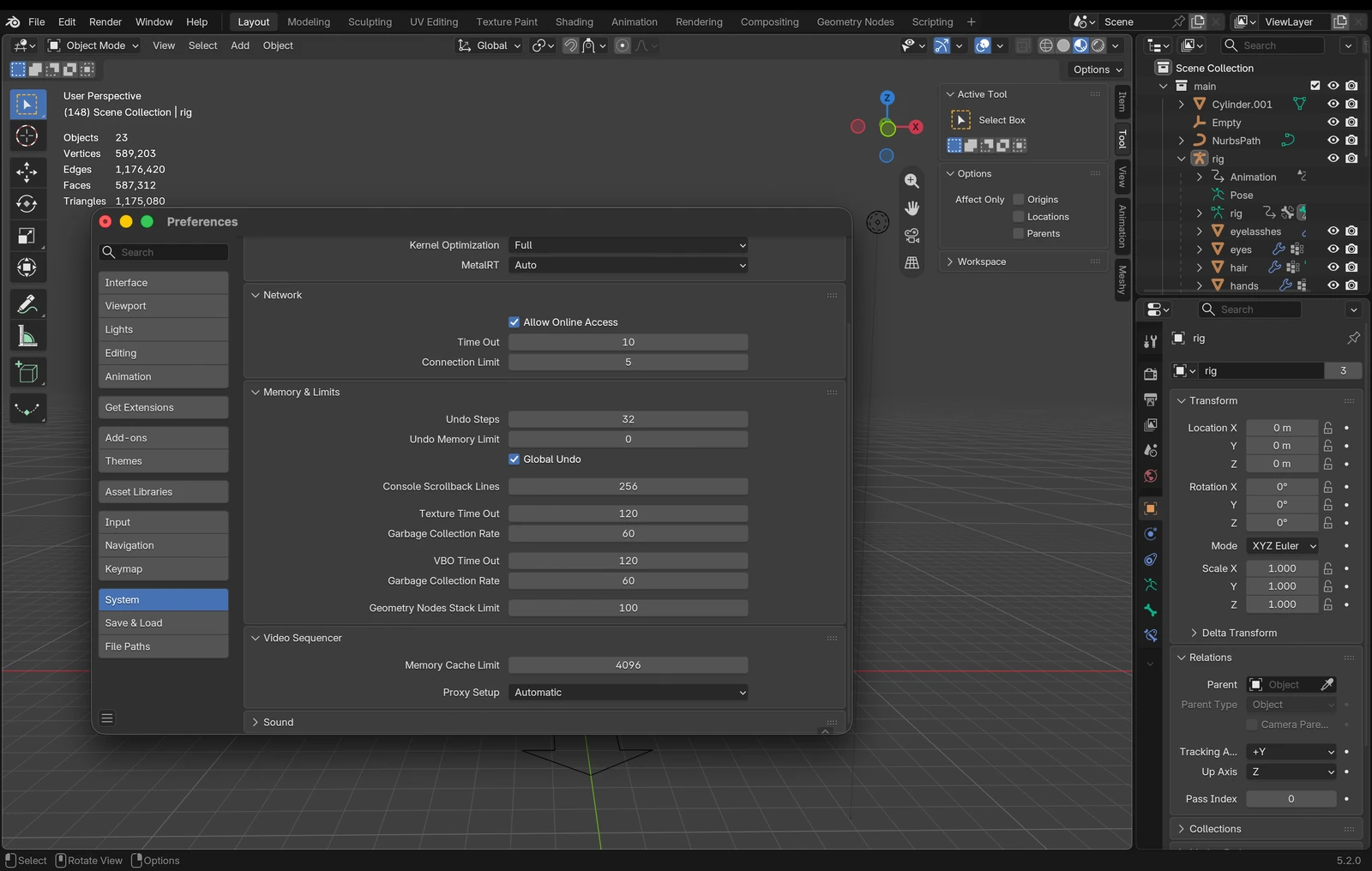 Blender Preferences window, System tab, Network section showing the Allow Online Access toggle