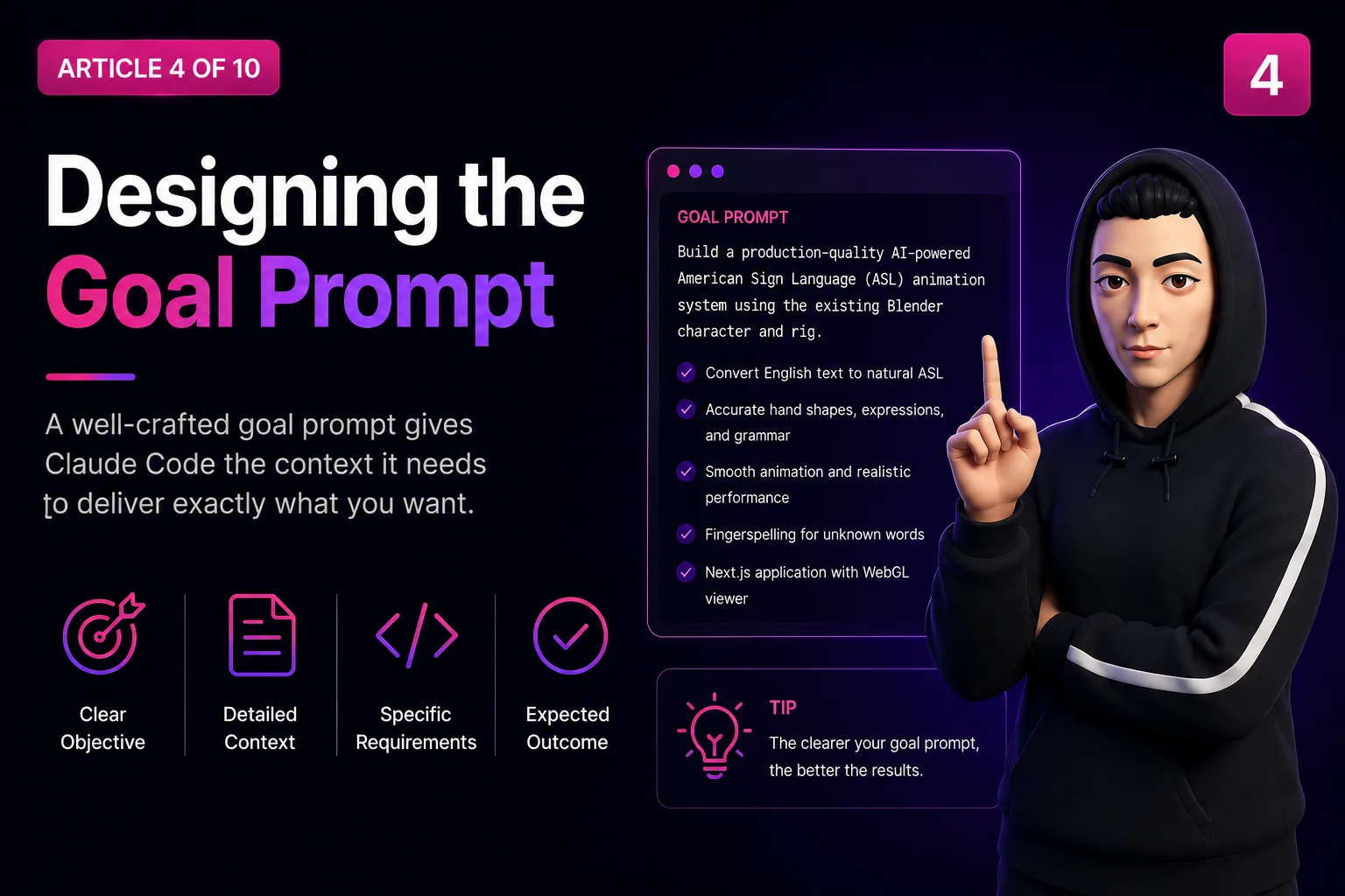 The goal prompt that drove the ASL sign character project, active in Claude Code with the session-scoped stop hook enabled