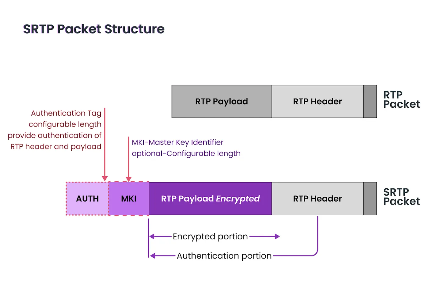 Diagram of an SRTP packet structure showing the encrypted payload