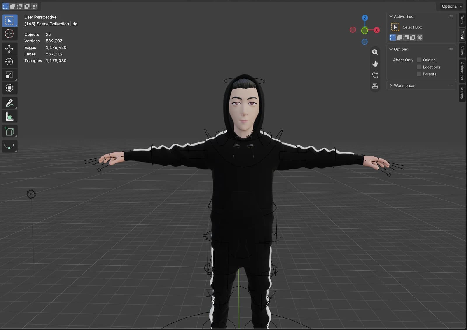 The sign language character in Blender's viewport, front orthographic view, rest pose, showing the full Rigify skeleton and mesh