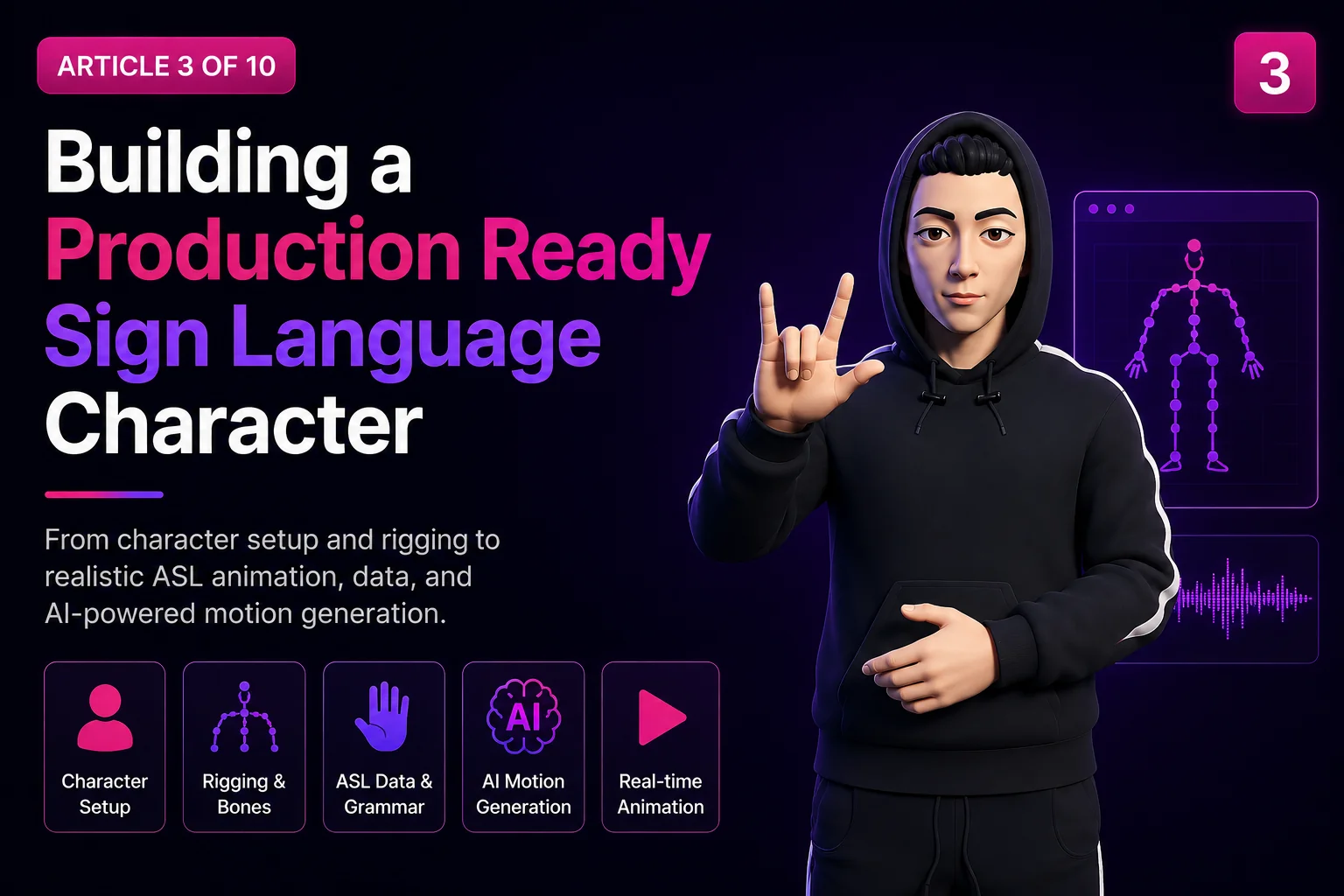 Rigify-rigged sign language character exported from Blender to a browser-ready GLB, ready for real-time ASL animation