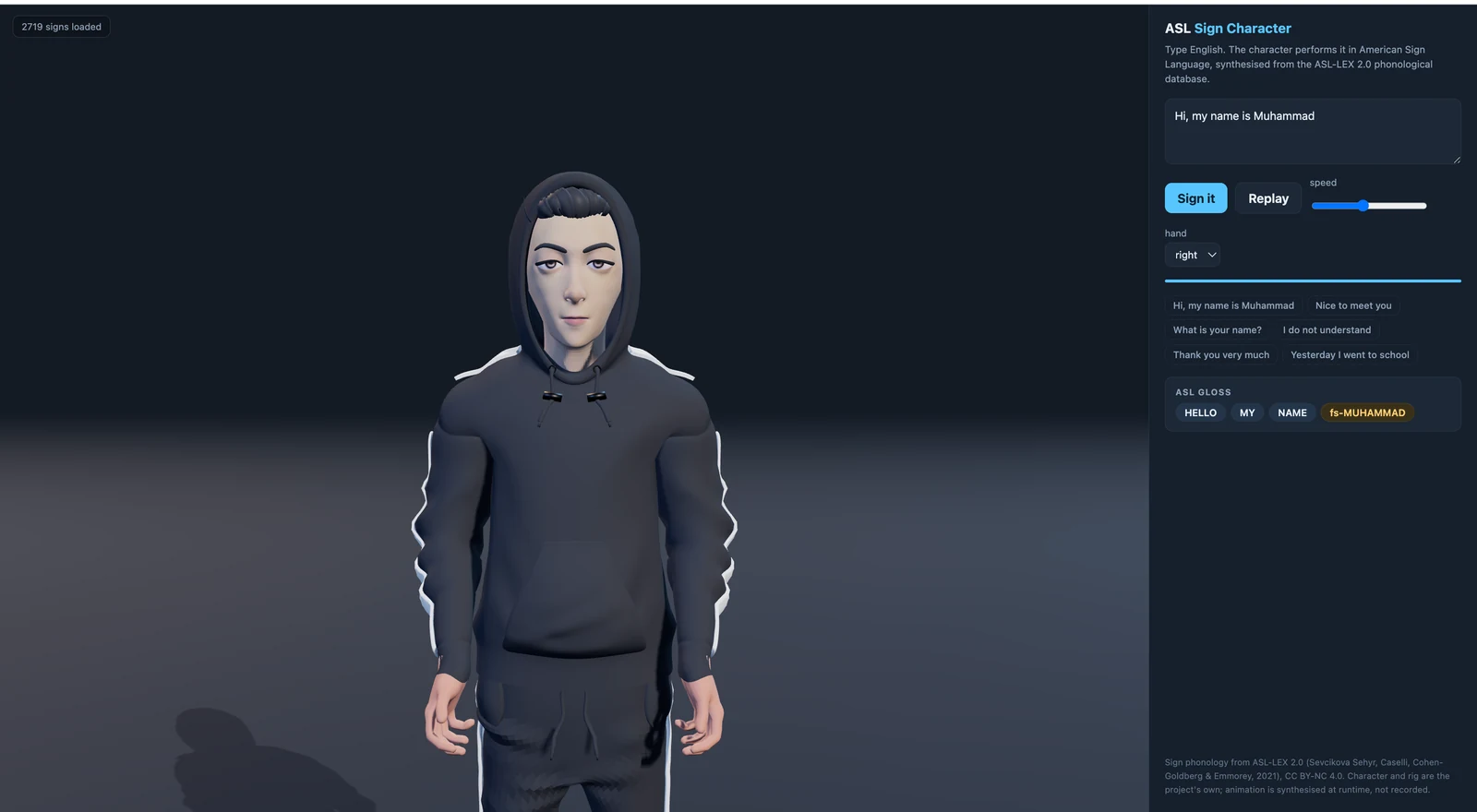 The exported GLB loaded in the Next.js app, running in a browser: the sign language character rendered in three.js with the ASL animation system driving it