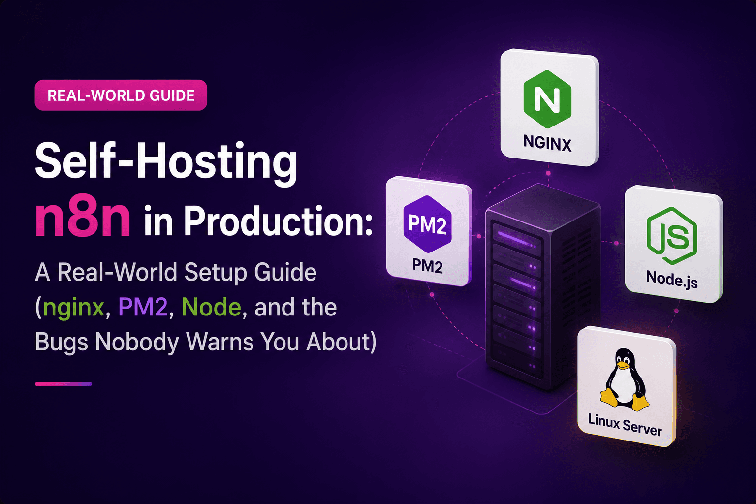 Self-hosted n8n production setup with nginx reverse proxy, PM2 process manager, Node.js, and a Linux VPS